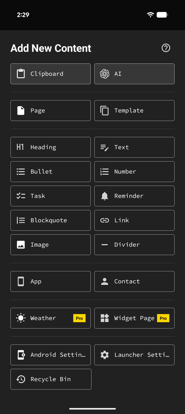 The Add New Content sheet for creating items on a page