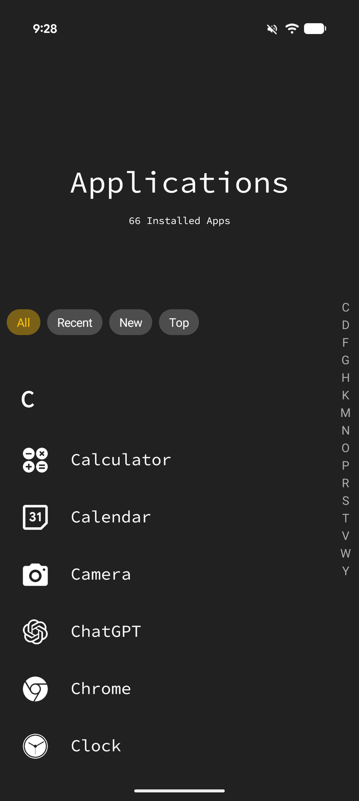 The app picker showing installed apps