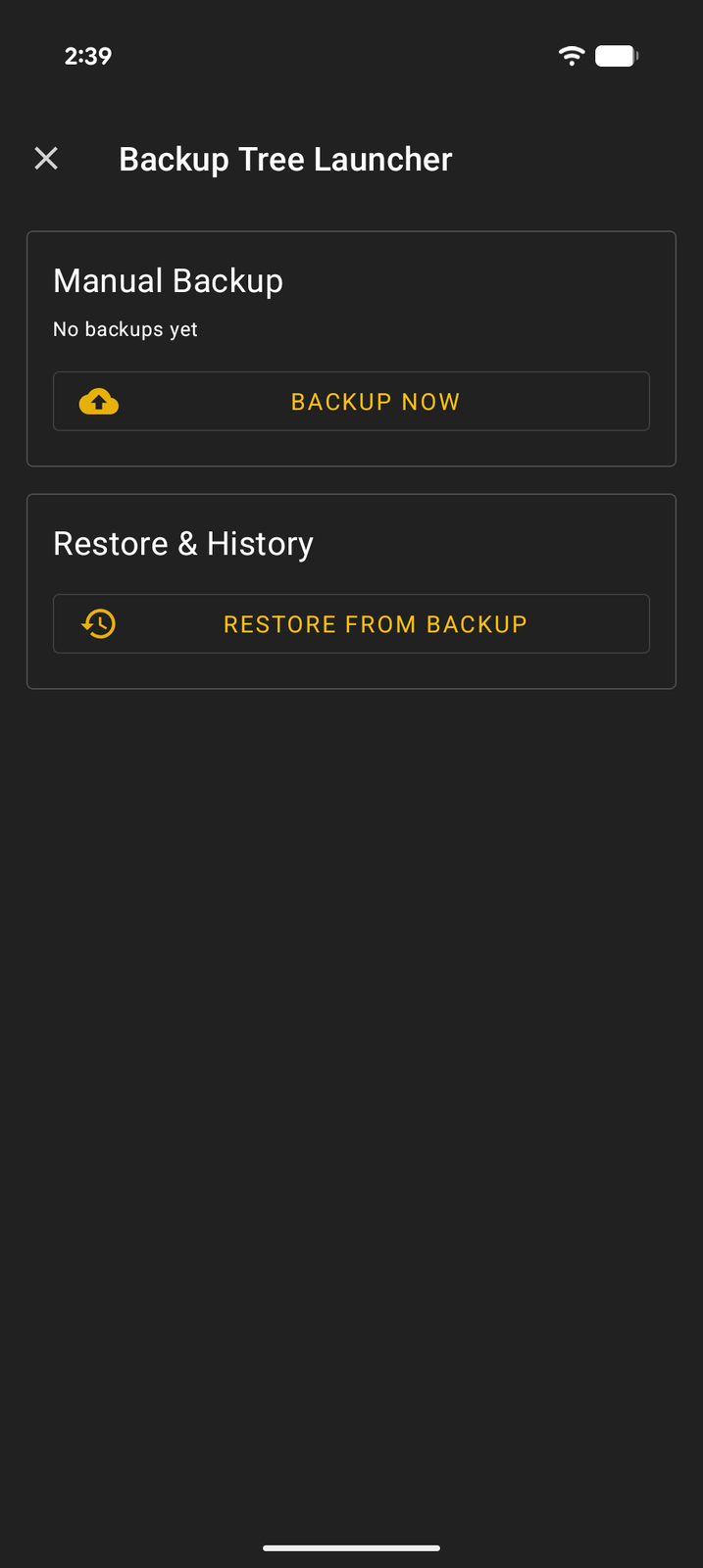The backup settings screen