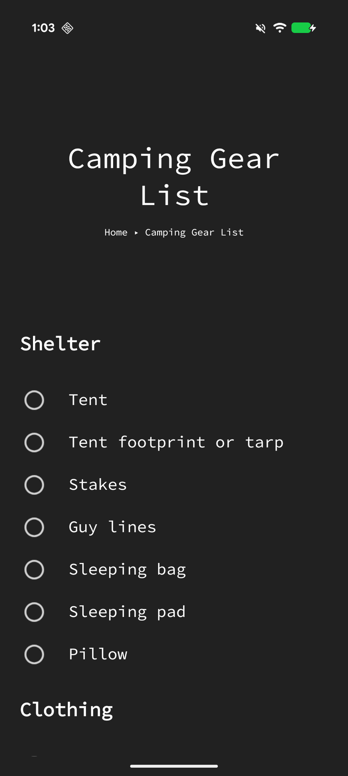 A camping page with a gear checklist