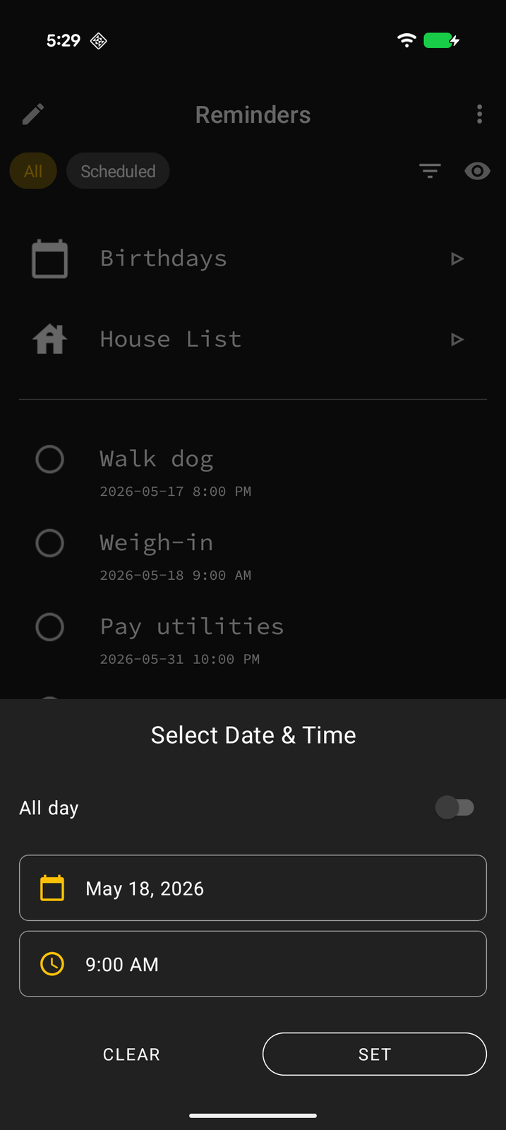 Setting a date and time on an item