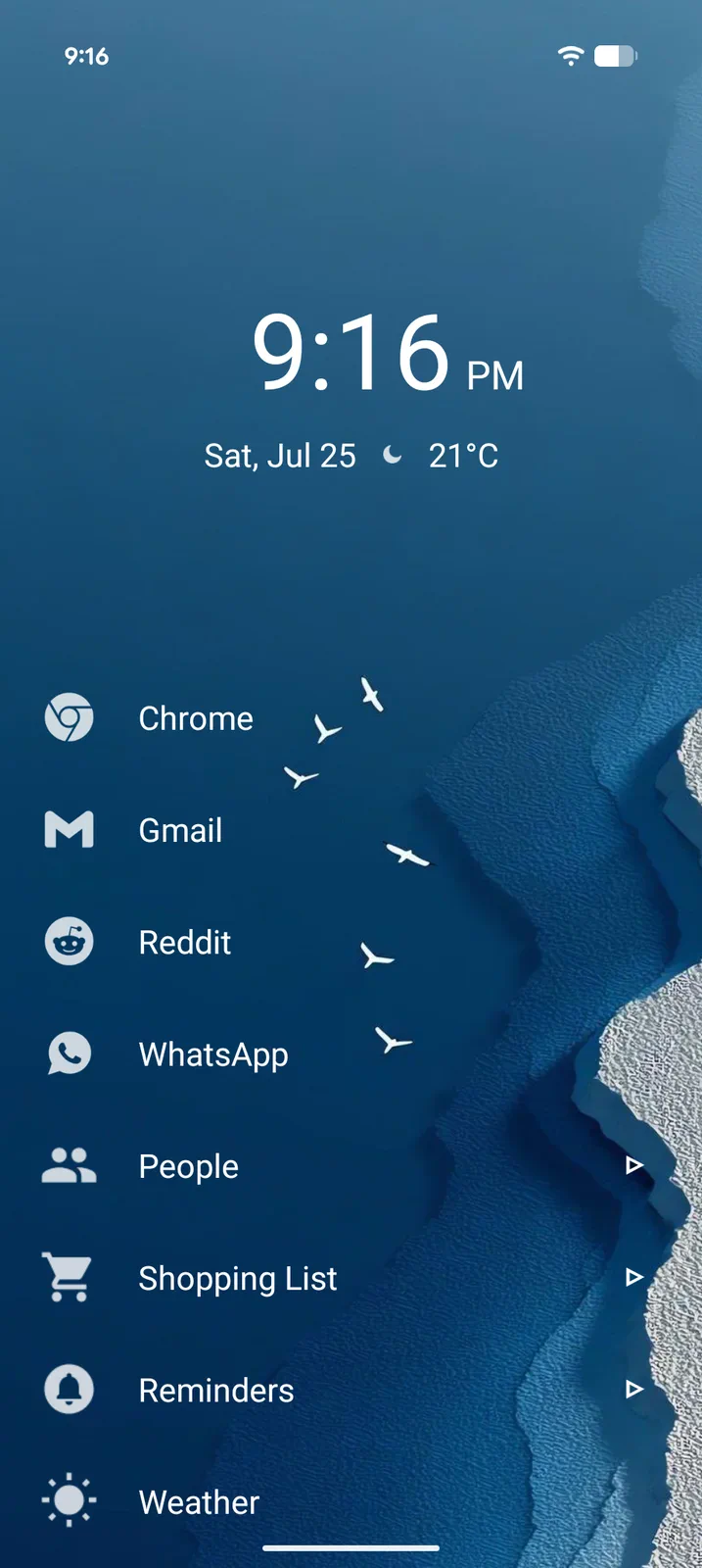 Tree Launcher home screen over an aerial coastline wallpaper