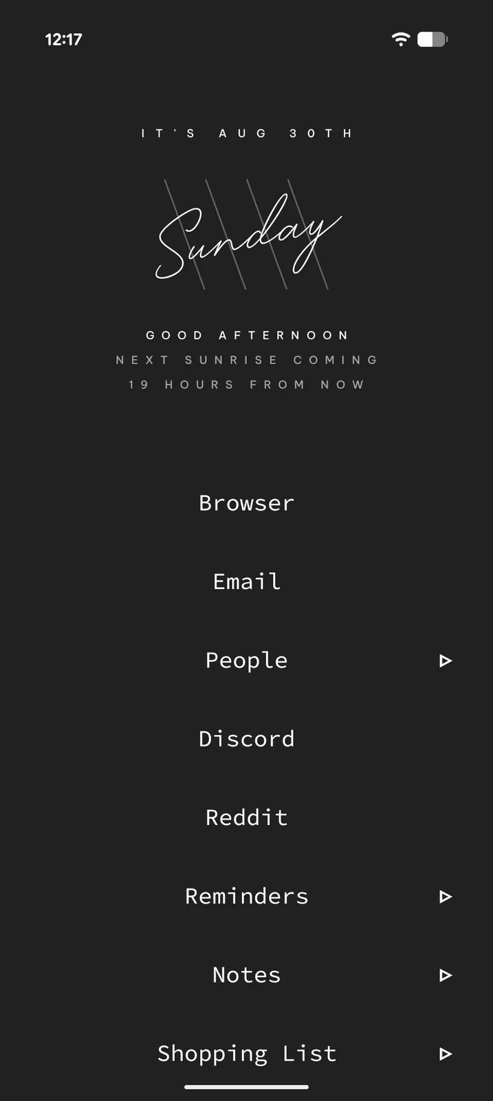 A minimal Tree Launcher home screen with a script header font and centred list