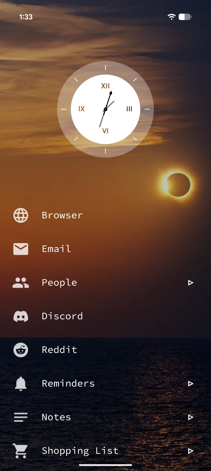 Tree Launcher home screen with an analog clock widget over a sunset