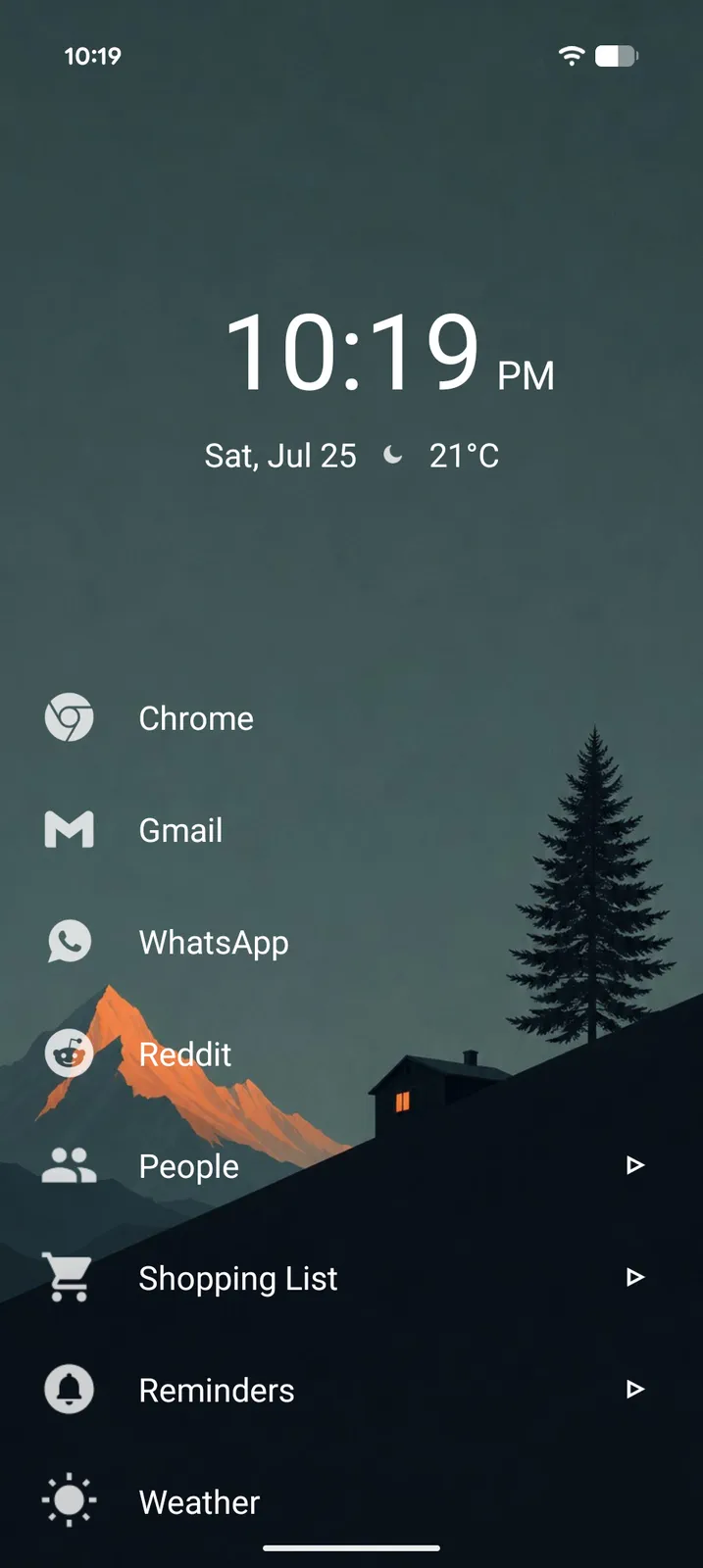 Tree Launcher home screen over a mountain cabin wallpaper