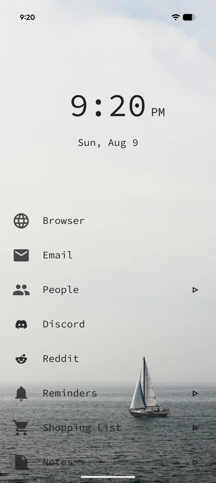 Tree Launcher home screen in light theme over a sailboat photo