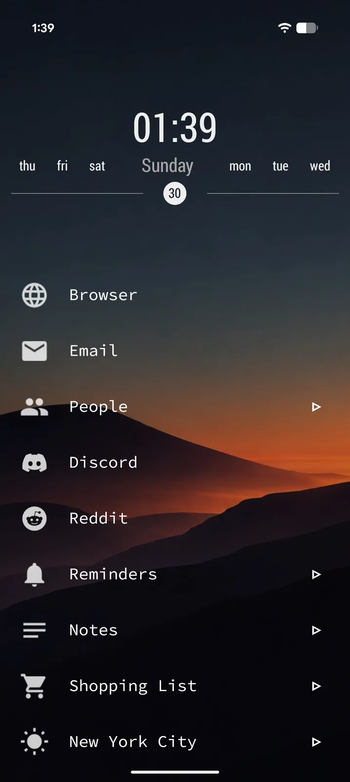 Tree Launcher home screen with a week calendar widget over a sunset
