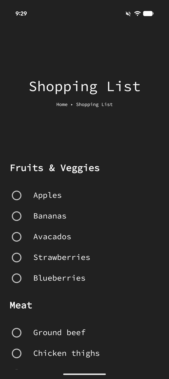 A shopping list with checkable items on a Tree Launcher page