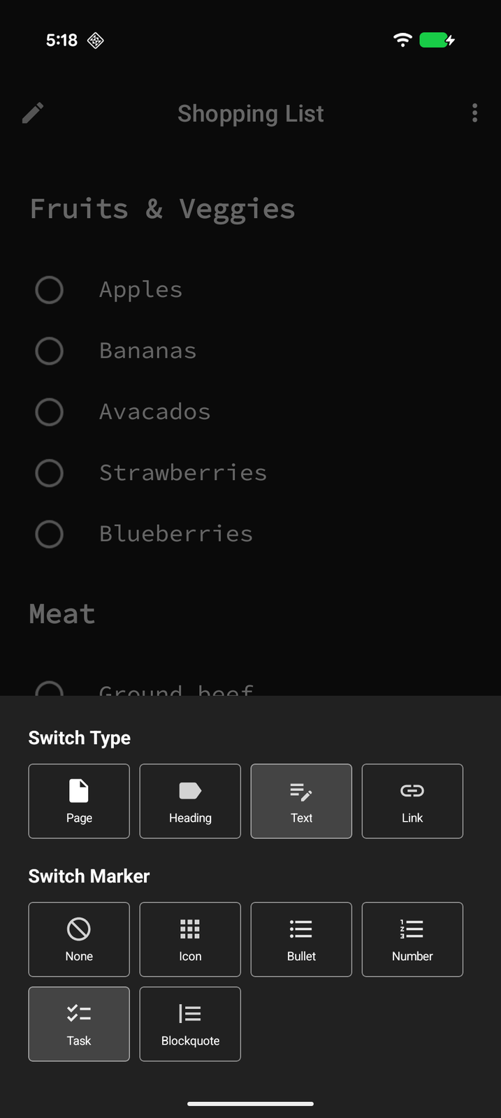 Text formatting options for an item
