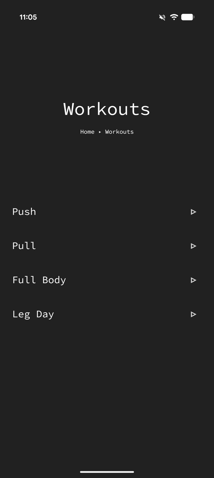 A Workouts page in Tree Launcher